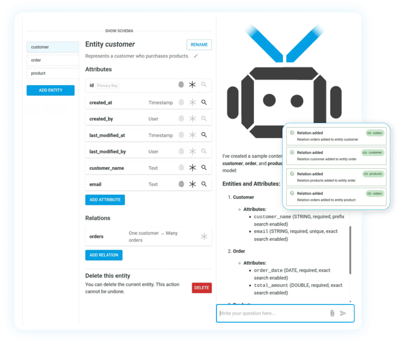 AI Assistant User interface ContentGrid AI Assistant User interface with entities, attributes, AI robot image